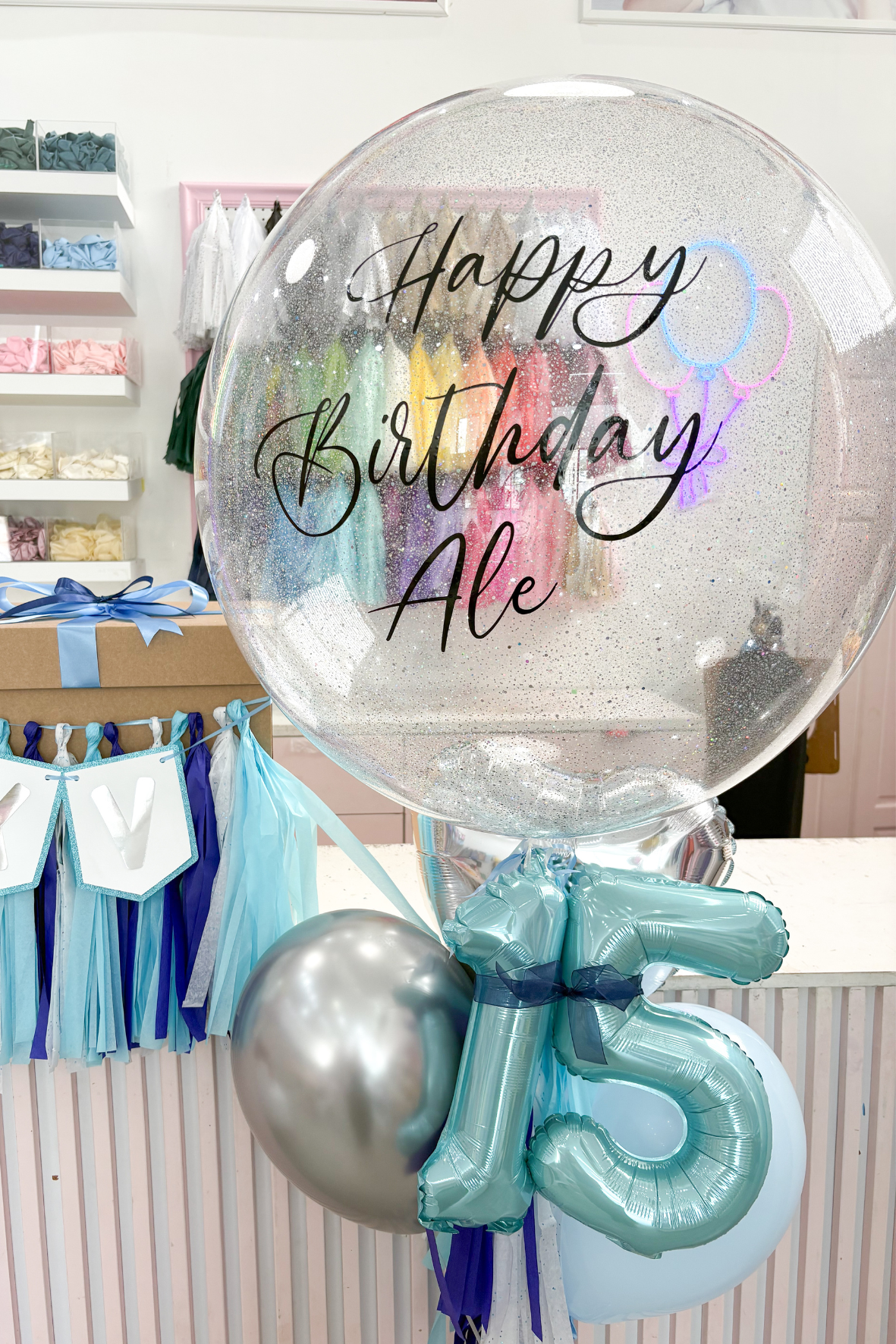 BUNDLE DE GLOBO BURBUJA XV AÑOS + CAJA