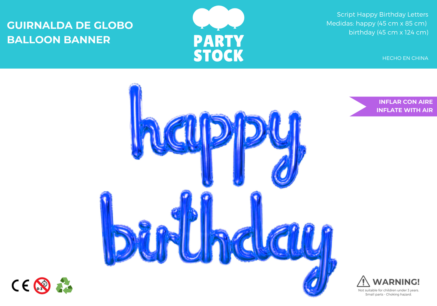 Happy Birthday Cursiva Azul 45 cm