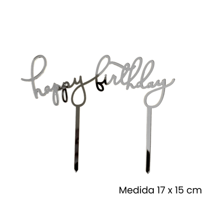 Cake Topper Happy Birthday Script Plata