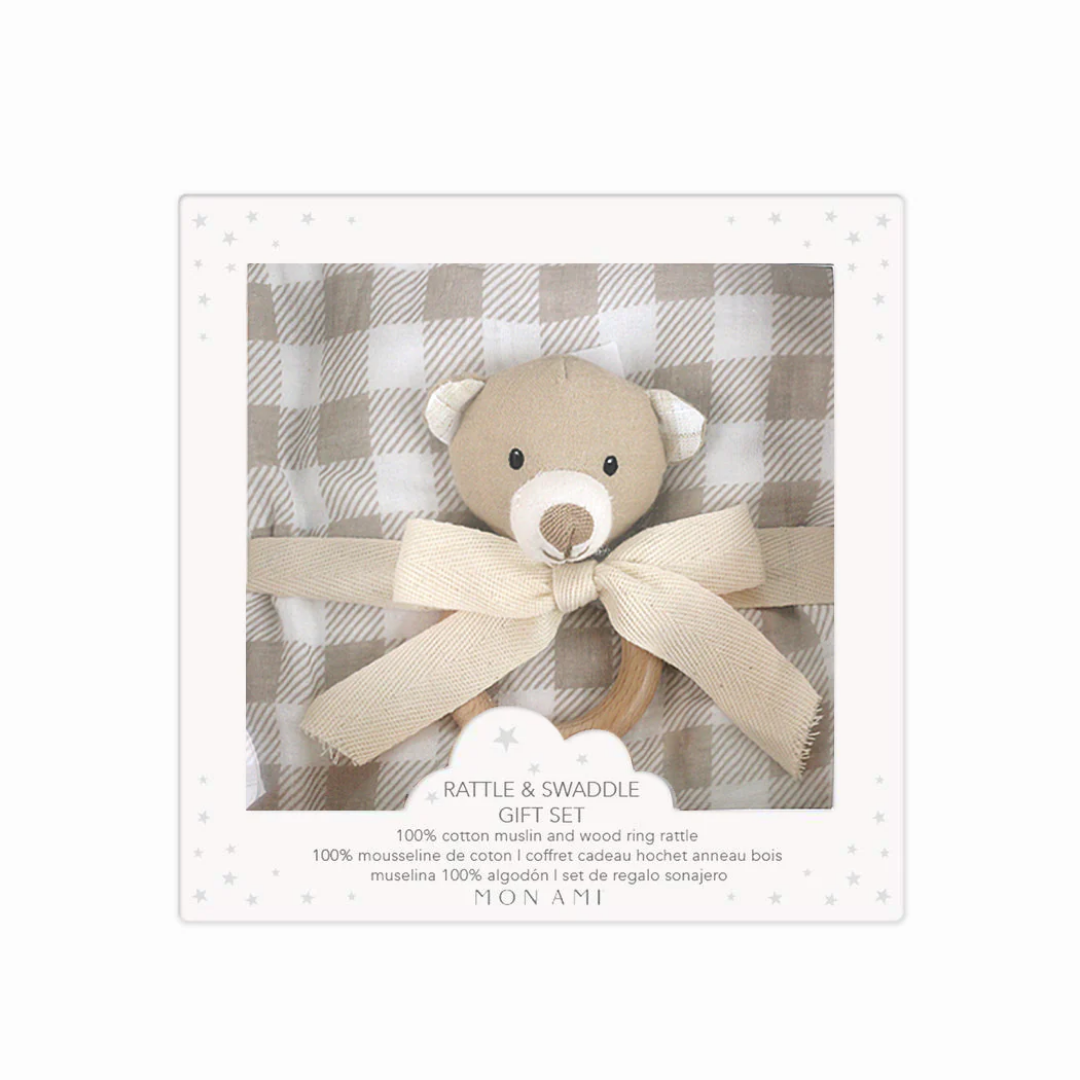 Gingham Bear-Swaddles & Rattle Gift Set