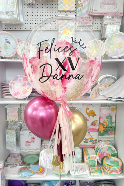 Bouquet de Globo Burbuja Pintado – Malva y Dorado Personalizado