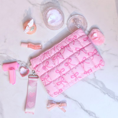 Quilted Scrunchies Bow Printed Wristlet with Heart Charm