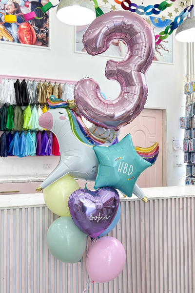 RAMILLETE DE GLOBOS UNICORNIO PASTEL