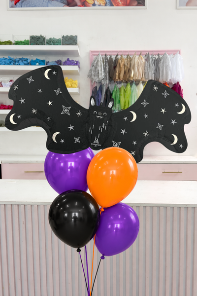 RAMILLETE GLOBOS MURCIELAGO PURPLE AND ORANGE
