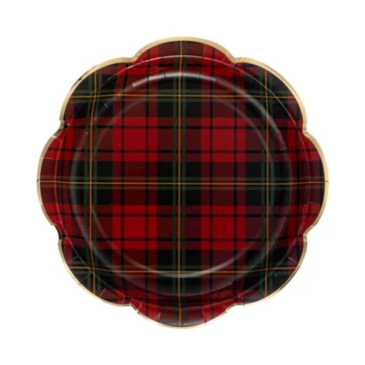 Red Christmas Plaid Round Scalloped Plate